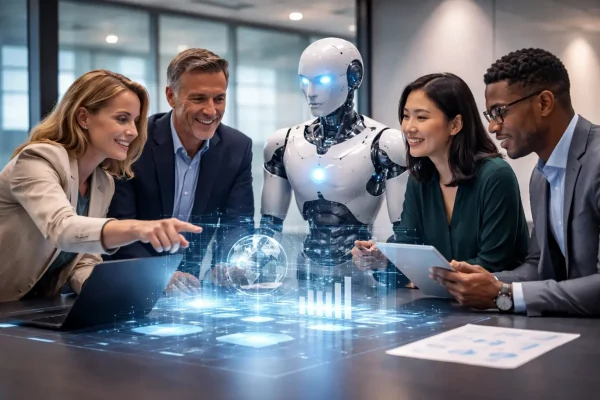 A diverse group of four professionals, including a man in a suit and a woman in a blazer, collaborating with a humanoid robot at a conference table. Data visualizations and graphs are projected on the table.