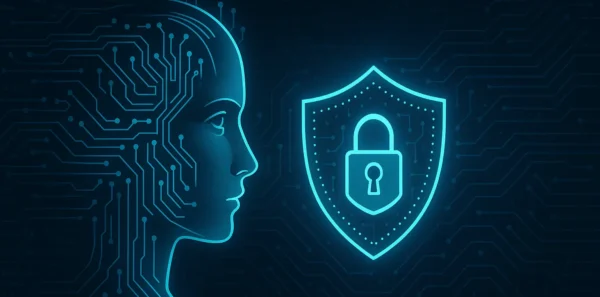 Futuristic digital illustration showing a glowing AI face in profile on the left, connected with circuit patterns, facing a neon shield with a padlock symbol on the right, set against a dark background of circuitry and binary code, symbolizing AI and data privacy in 2025.