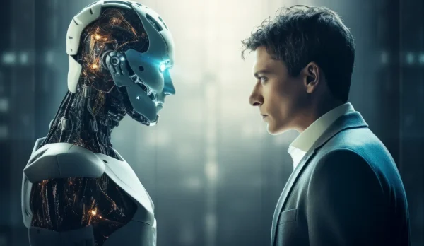 A humanoid robot with visible circuitry stands face-to-face with a young man in a suit. They share an intense gaze, highlighting the contrast between the robotic features and human expression, set against a blurred technology-themed background.