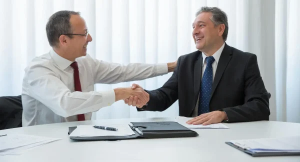 Two men in business attire sit across from each other at a table, smiling and shaking hands. One man, wearing a white shirt and red tie, reaches across with a friendly gesture, while the other, in a dark suit and blue tie, responds warmly. Papers, a pen, and a black folder are spread on the table, suggesting a successful agreement or meeting.