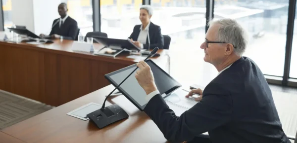 Businessman in a suit and tie participating in a meeting with several colleagues in a conference room.